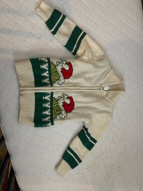 Cream and Green Kids Zip Front Holiday Sweater